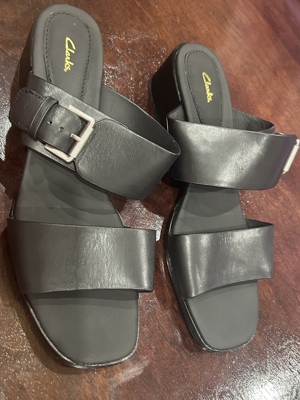 Clarks Black Leather Double-Strap Slide Sandals
